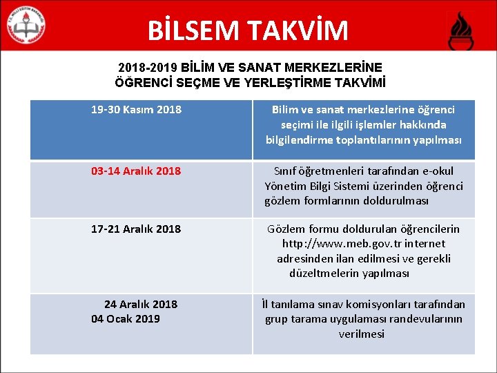 BİLSEM TAKVİM 2018 -2019 BİLİM VE SANAT MERKEZLERİNE ÖĞRENCİ SEÇME VE YERLEŞTİRME TAKVİMİ 19