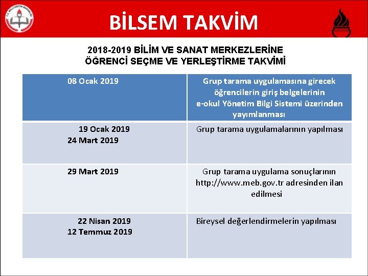 BİLSEM TAKVİM 2018 -2019 BİLİM VE SANAT MERKEZLERİNE ÖĞRENCİ SEÇME VE YERLEŞTİRME TAKVİMİ 08
