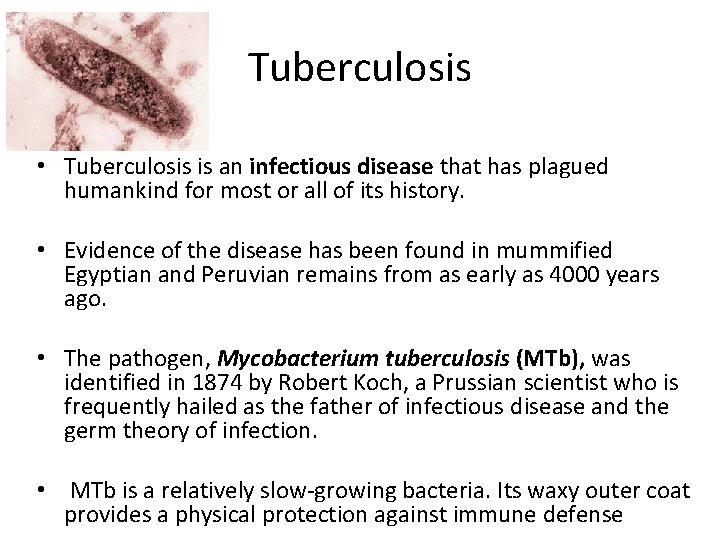 Tuberculosis • Tuberculosis is an infectious disease that has plagued humankind for most or