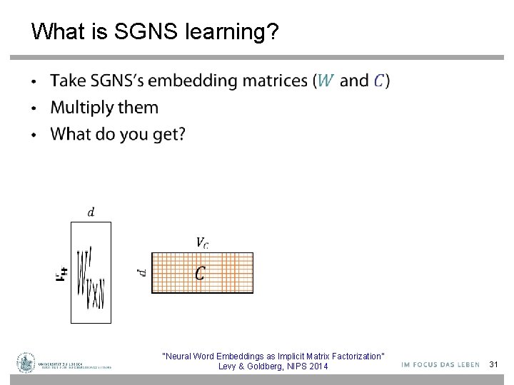 What is SGNS learning? • “Neural Word Embeddings as Implicit Matrix Factorization” Levy &