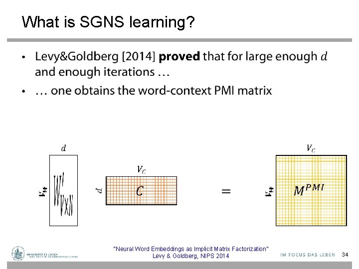 What is SGNS learning? • “Neural Word Embeddings as Implicit Matrix Factorization” Levy &