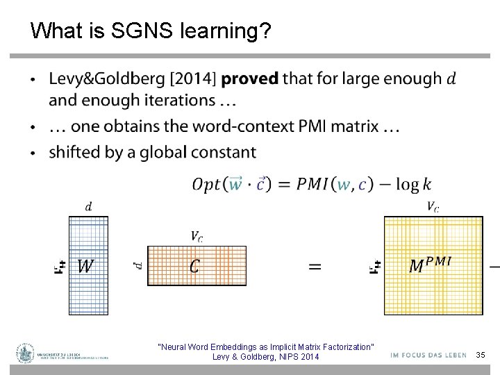 What is SGNS learning? • “Neural Word Embeddings as Implicit Matrix Factorization” Levy &