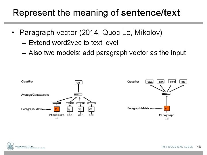 Represent the meaning of sentence/text • Paragraph vector (2014, Quoc Le, Mikolov) – Extend