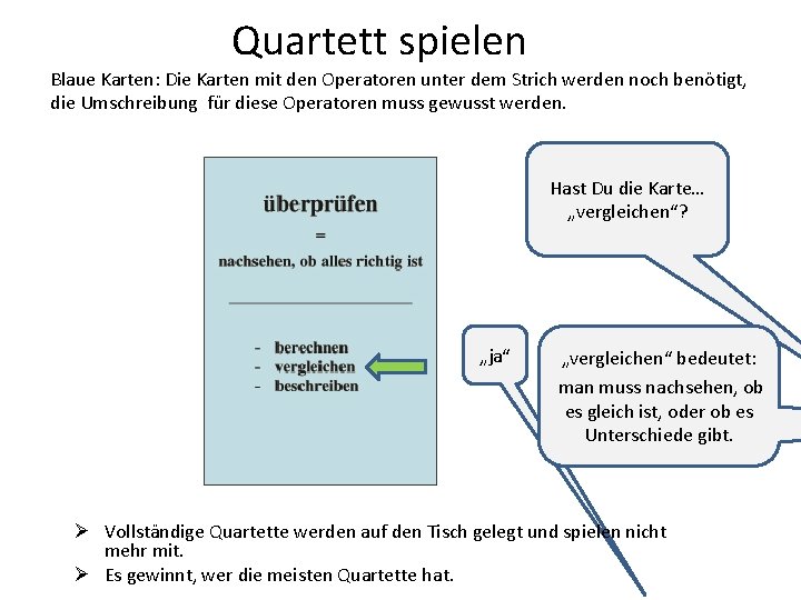 Quartett spielen Blaue Karten: Die Karten mit den Operatoren unter dem Strich werden noch