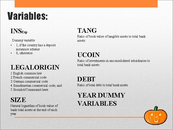 Variables: INSExp Dummy variable • 1, if the country has a deposit insurance scheme