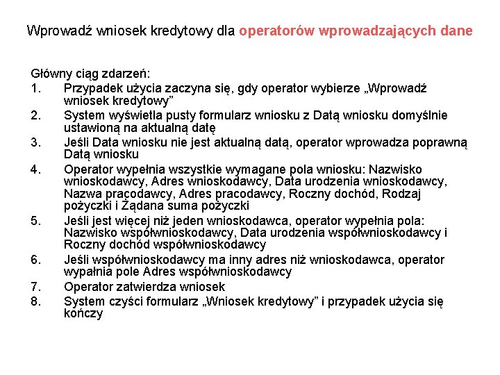 Wprowadź wniosek kredytowy dla operatorów wprowadzających dane Główny ciąg zdarzeń: 1. Przypadek użycia zaczyna