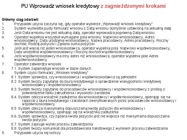 PU Wprowadź wniosek kredytowy z zagnieżdzonymi krokami Główny ciąg zdarzeń: 1. Przypadek użycia zaczyna