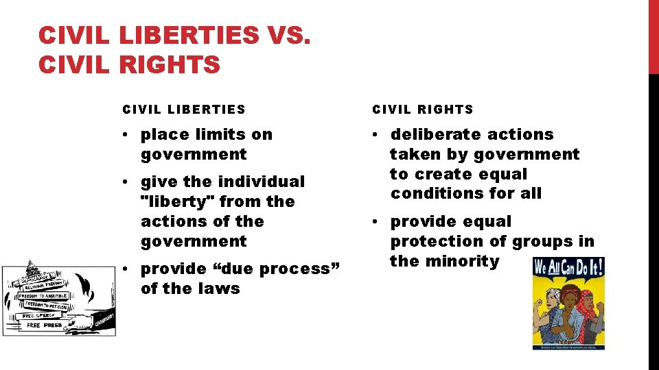 CIVIL LIBERTIES VS. CIVIL RIGHTS CIVIL LIBERTIES CIVIL RIGHTS • place limits on government
