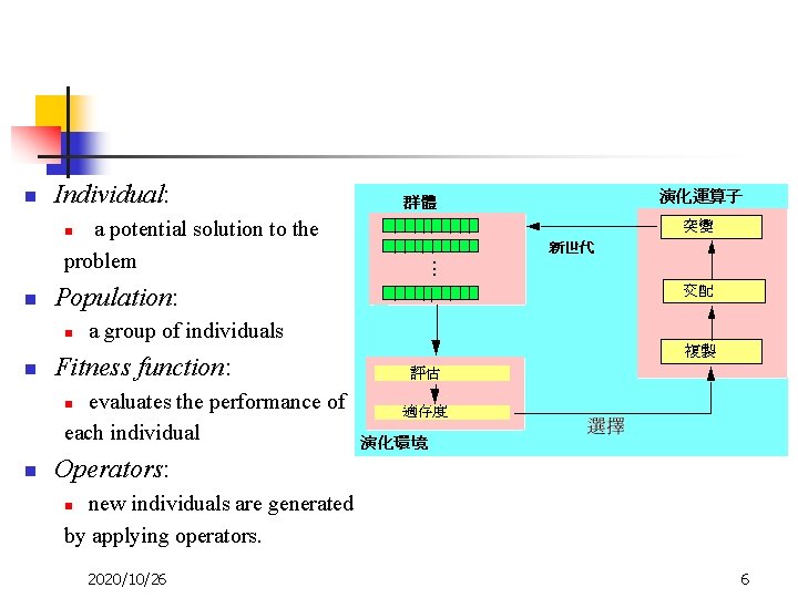 n Individual: a potential solution to the problem n n Population: n n a