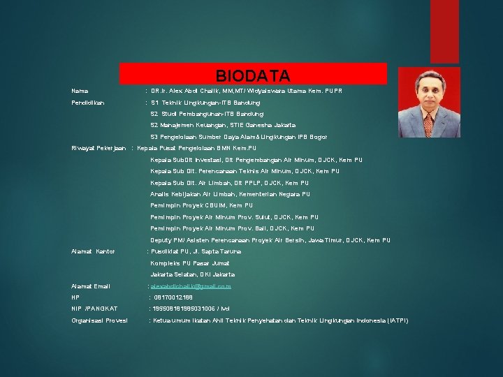 BIODATA Nama : DR. Ir. Alex Abdi Chalik, MM, MT/ Widyaiswara Utama Kem. PUPR