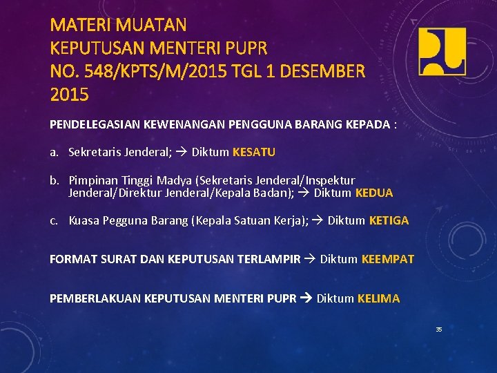 MATERI MUATAN KEPUTUSAN MENTERI PUPR NO. 548/KPTS/M/2015 TGL 1 DESEMBER 2015 PENDELEGASIAN KEWENANGAN PENGGUNA