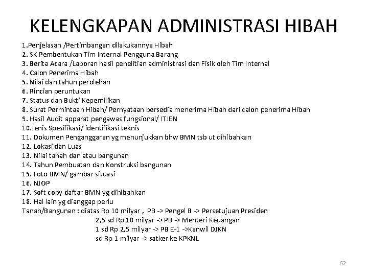 KELENGKAPAN ADMINISTRASI HIBAH 1. Penjelasan /Pertimbangan dilakukannya Hibah 2. SK Pembentukan Tim Internal Pengguna