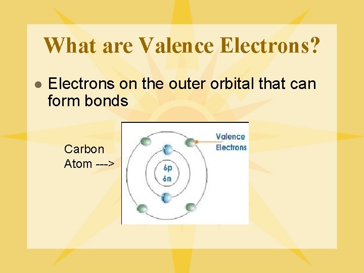 What are Valence Electrons? l Electrons on the outer orbital that can form bonds