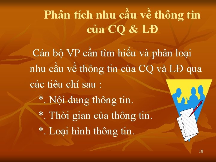 Phân tích nhu cầu về thông tin của CQ & LĐ Cán bộ VP