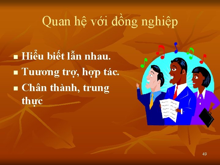 Quan hệ với đồng nghiệp Hiểu biết lẫn nhau. n Tuương trợ, hợp tác.