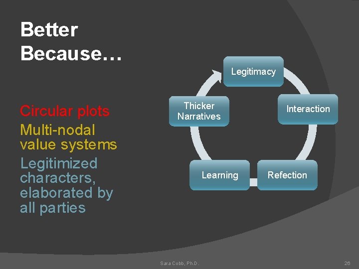 Better Because… Legitimacy Circular plots Multi-nodal value systems Legitimized characters, elaborated by all parties