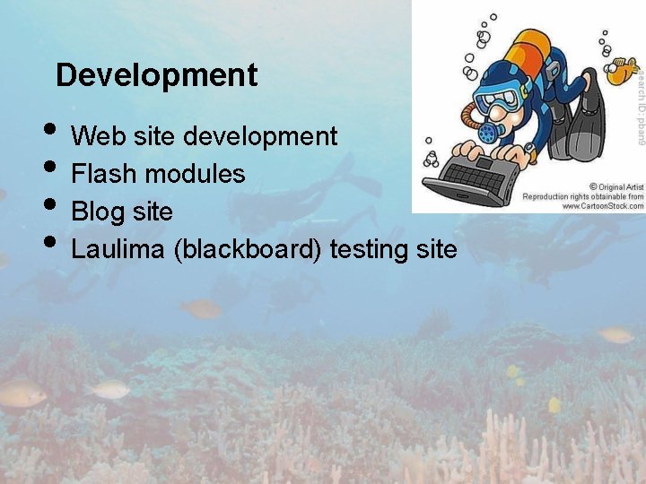 Development • • Web site development Flash modules Blog site Laulima (blackboard) testing site