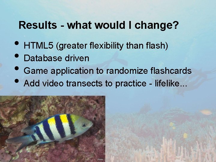 Results - what would I change? • • HTML 5 (greater flexibility than flash)