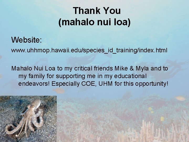 Thank You (mahalo nui loa) Website: www. uhhmop. hawaii. edu/species_id_training/index. html Mahalo Nui Loa
