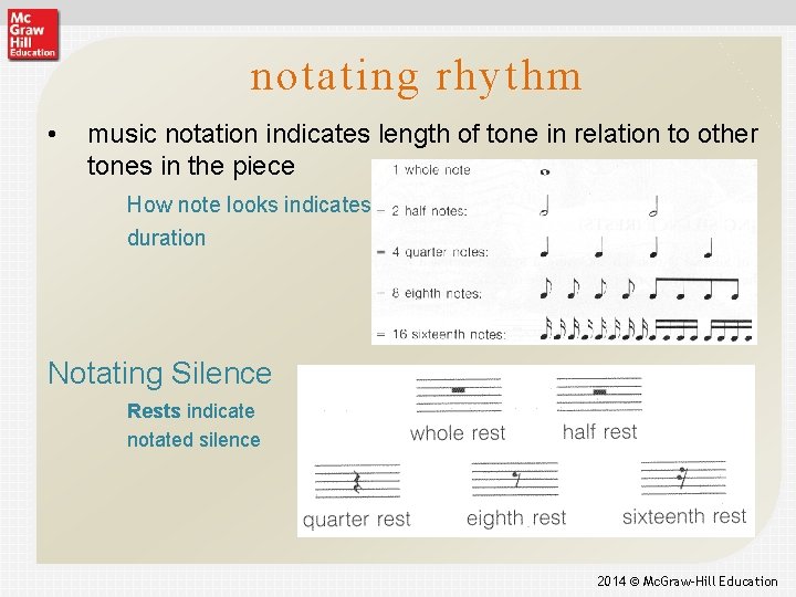 notating rhythm • music notation indicates length of tone in relation to other tones