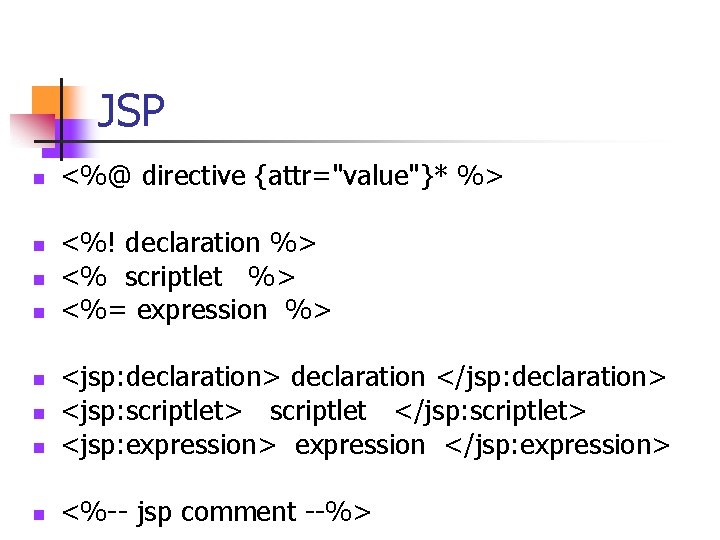 JSP n n <%@ directive {attr="value"}* %> <%! declaration %> <% scriptlet %> <%=