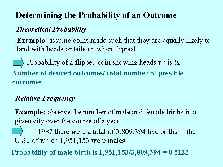 Determining the Probability of an Outcome Theoretical Probability Example: assume coins made such that