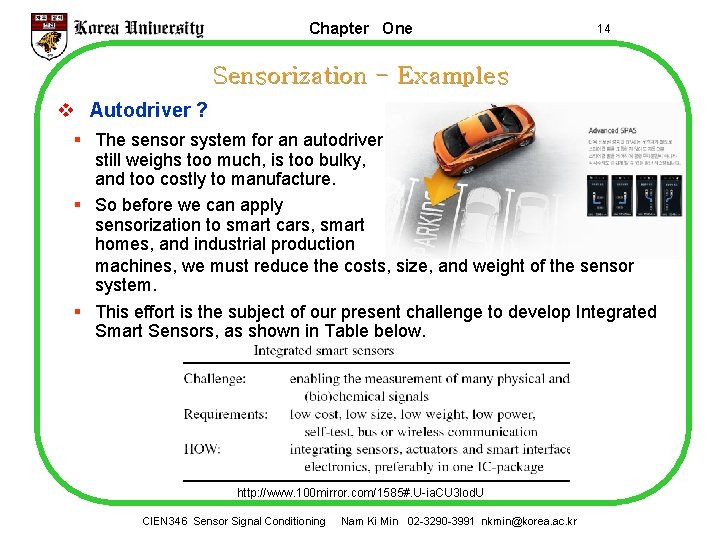 Chapter One 14 Sensorization - Examples v Autodriver ? § The sensor system for