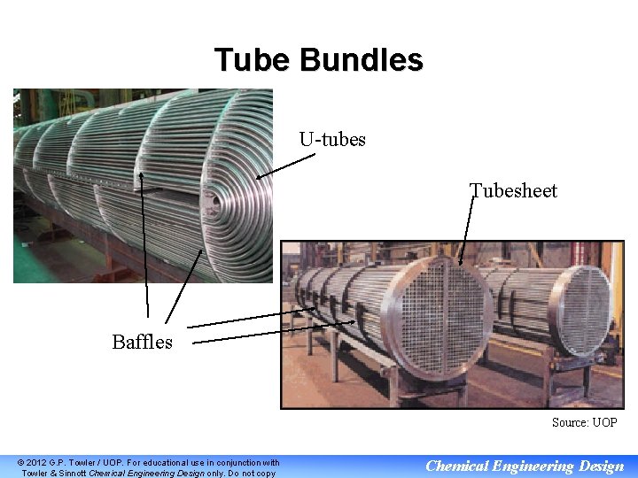 Tube Bundles U-tubes Tubesheet Baffles Source: UOP © 2012 G. P. Towler / UOP.