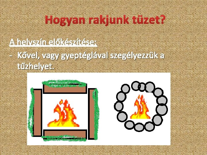 Hogyan rakjunk tüzet? A helyszín előkészítése: - Kővel, vagy gyeptéglával szegélyezzük a tűzhelyet. 