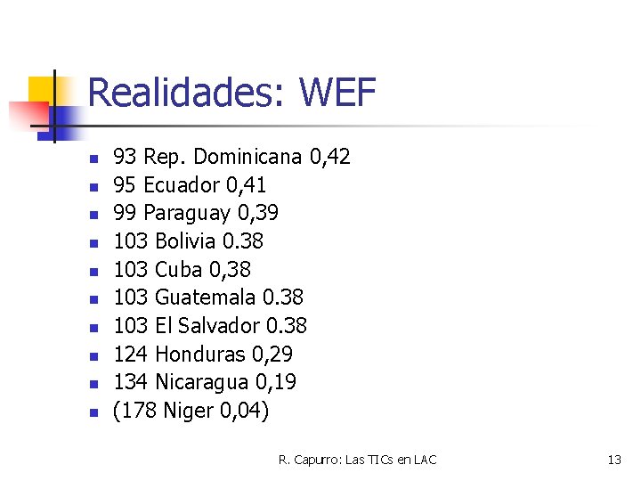 Realidades: WEF n n n n n 93 Rep. Dominicana 0, 42 95 Ecuador