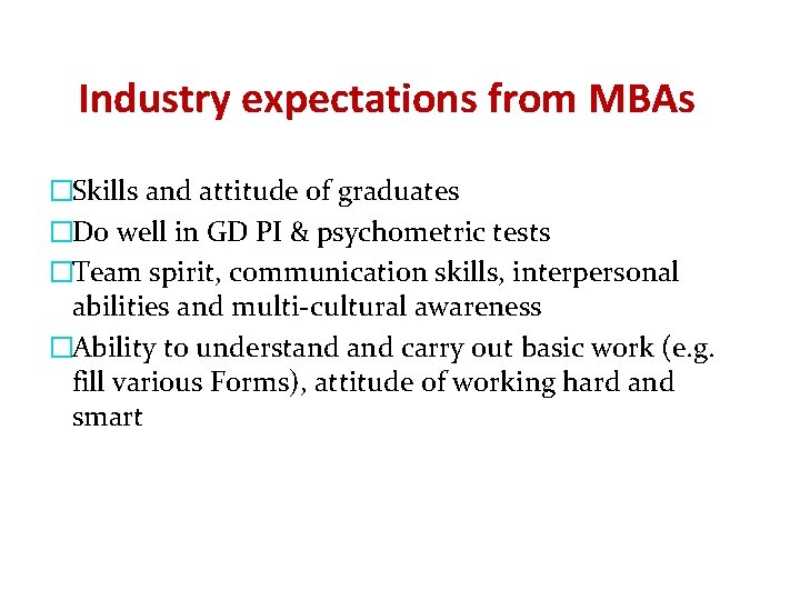 Industry expectations from MBAs �Skills and attitude of graduates �Do well in GD PI