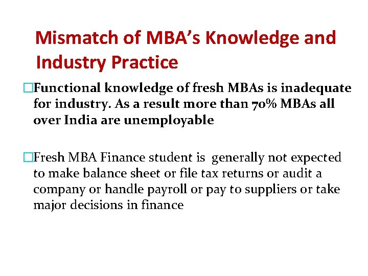 Mismatch of MBA’s Knowledge and Industry Practice �Functional knowledge of fresh MBAs is inadequate