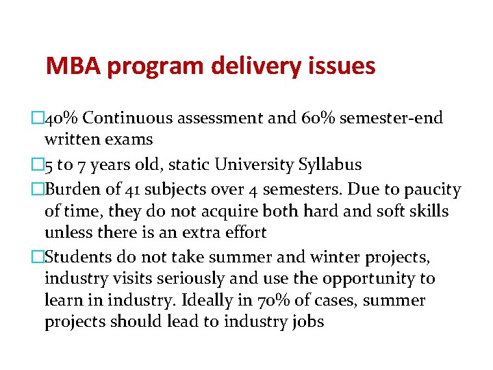 MBA program delivery issues � 40% Continuous assessment and 60% semester-end written exams �