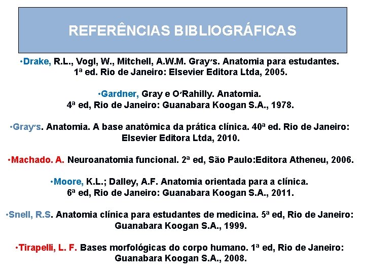 REFERÊNCIAS BIBLIOGRÁFICAS • Drake, R. L. , Vogl, W. , Mitchell, A. W. M.