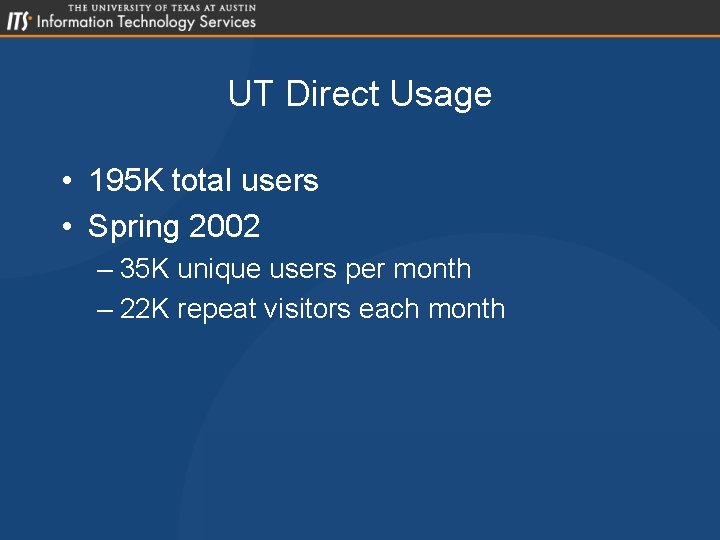 UT Direct Usage • 195 K total users • Spring 2002 – 35 K