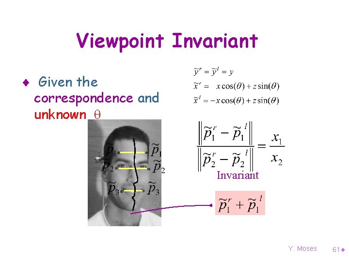 Viewpoint Invariant ¨ Given the correspondence and unknown Invariant Y. Moses 61¨ 