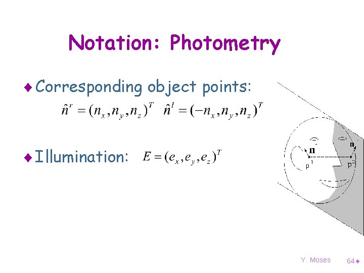 Notation: Photometry ¨ Corresponding object points: ¨ Illumination: Y. Moses 64¨ 