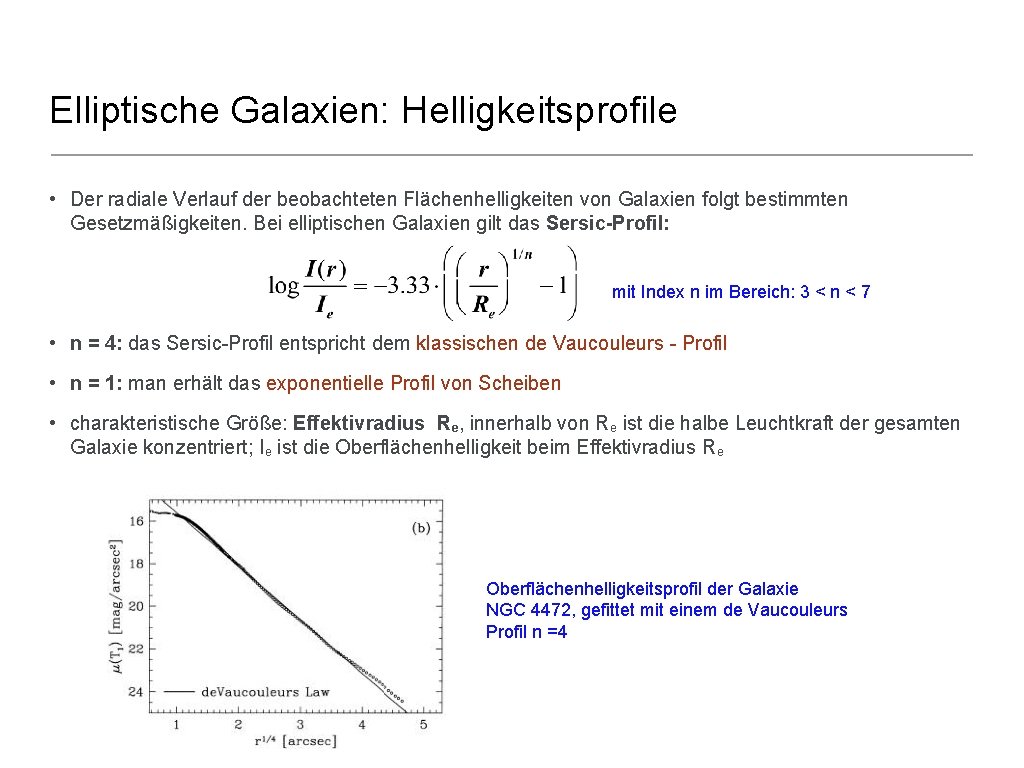 Elliptische Galaxien: Helligkeitsprofile • Der radiale Verlauf der beobachteten Flächenhelligkeiten von Galaxien folgt bestimmten