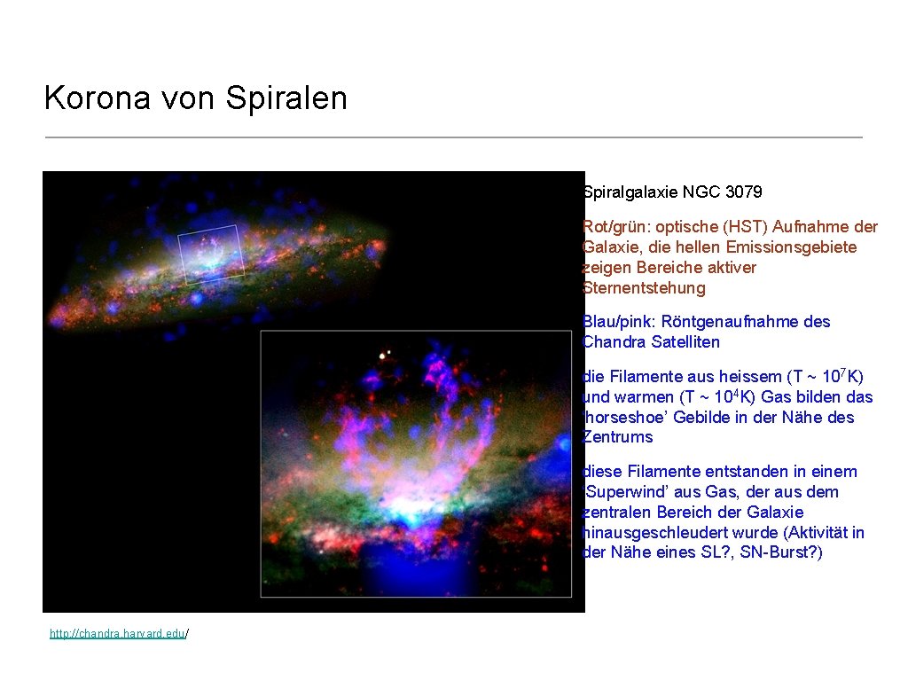 Korona von Spiralen Spiralgalaxie NGC 3079 Rot/grün: optische (HST) Aufnahme der Galaxie, die hellen