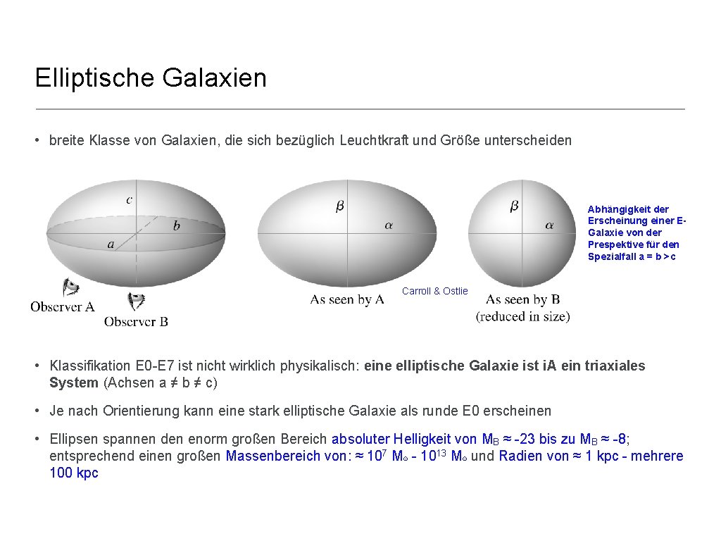 Elliptische Galaxien • breite Klasse von Galaxien, die sich bezüglich Leuchtkraft und Größe unterscheiden