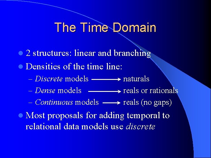 The Time Domain l 2 structures: linear and branching l Densities of the time