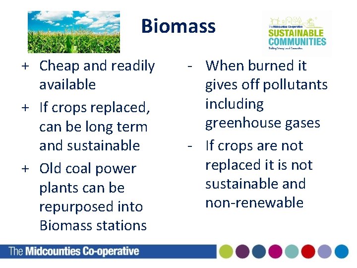 Biomass + Cheap and readily available + If crops replaced, can be long term