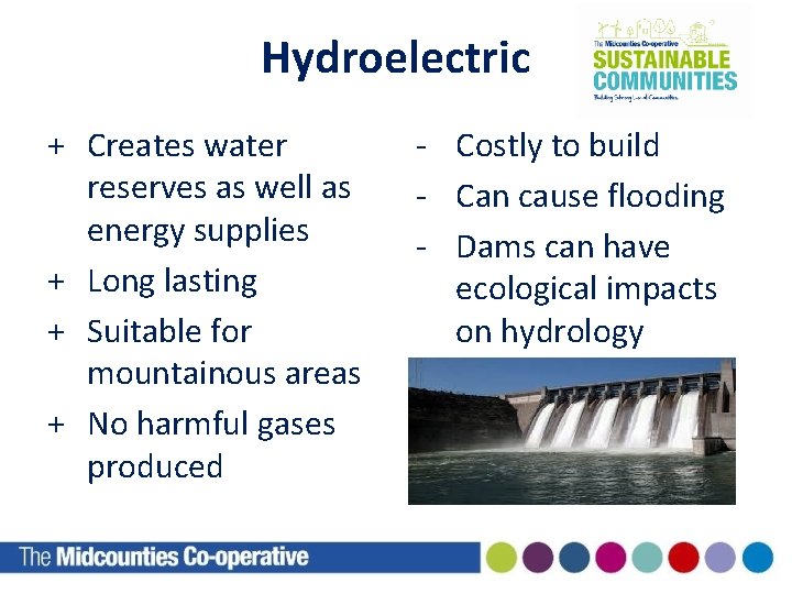 Hydroelectric + Creates water reserves as well as energy supplies + Long lasting +