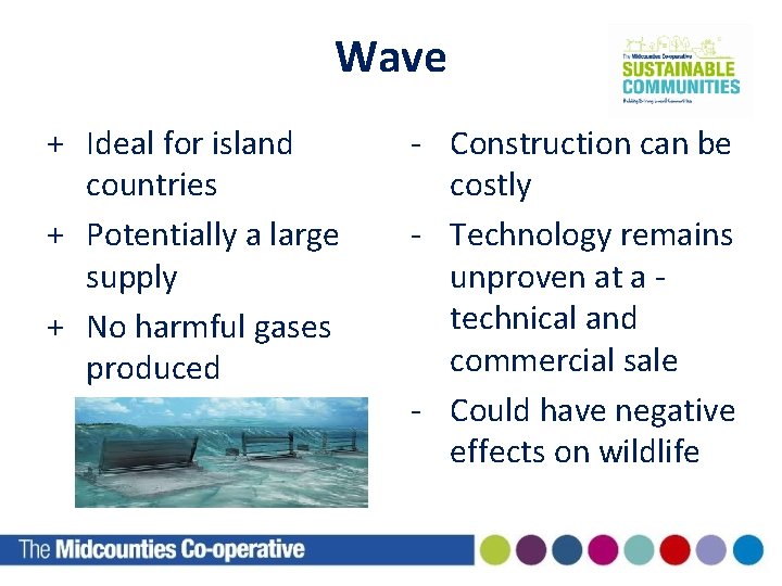 Wave + Ideal for island countries + Potentially a large supply + No harmful