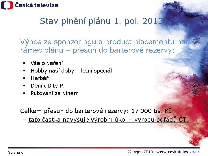 Stav plnění plánu 1. pol. 2013 Výnos ze sponzoringu a product placementu nad rámec