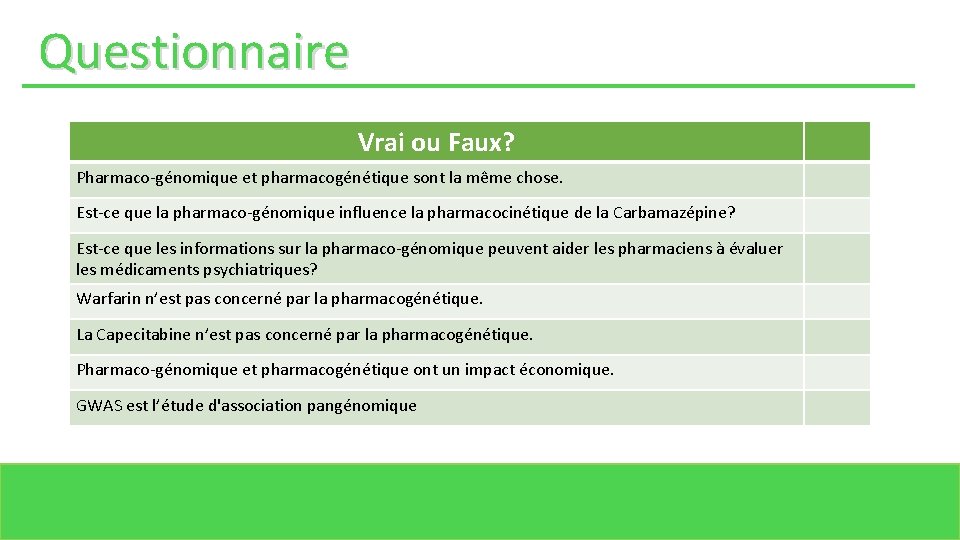 Questionnaire Vrai ou Faux? Pharmaco-génomique et pharmacogénétique sont la même chose. Est-ce que la