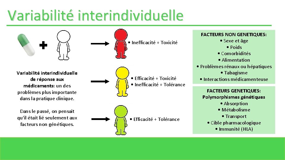 Variabilité interindividuelle • Inefficacité + Toxicité Variabilité interindividuelle de réponse aux médicaments: un des