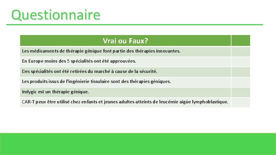 Questionnaire Vrai ou Faux? Les médicaments de thérapie génique font partie des thérapies innovantes.