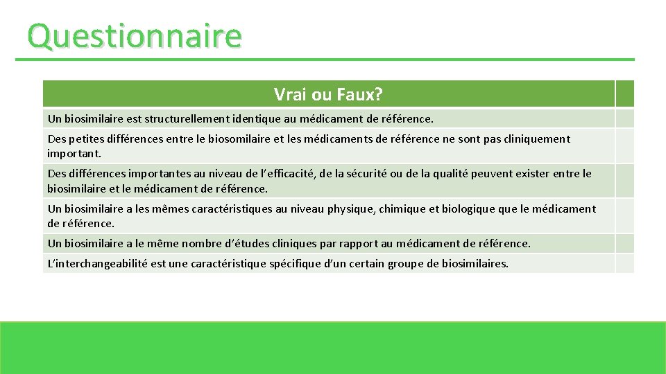 Questionnaire Vrai ou Faux? Un biosimilaire est structurellement identique au médicament de référence. Des