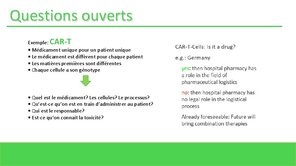 Questions ouverts Exemple: CAR-T • Médicament unique pour un patient unique • Le médicament